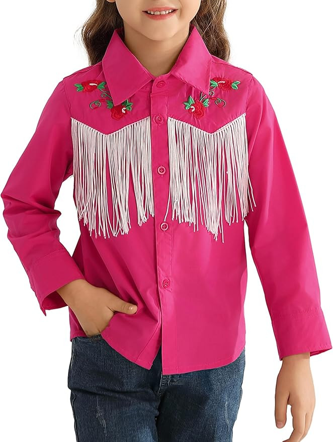 Girls Western Cowboy Fringe Shirt Long Sleeve Floral Embroidered Cute Collared Retro Casual Blous... | Amazon (US)