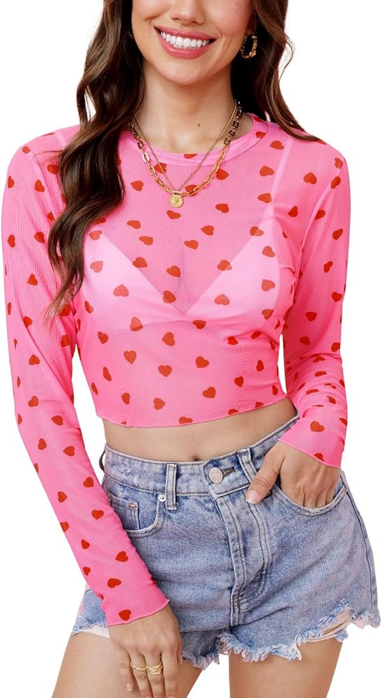 For G and PL Women's Valentine's Long Sleeve Crew Neck See Though Blouse Sheer Mesh Heart Print C... | Amazon (US)