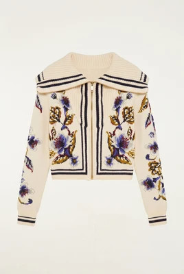 Golden Nature Full Zipper Knit Cardigan, GOLDEN NATURE OFF-WHITE / XL | FarmRio (US)