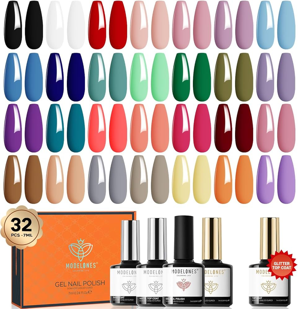 modelones 32 PCS Gel Nail Polish Set, 28 Colors Spring Gel Polish with No Wipe Base Coat, Glitter... | Amazon (US)