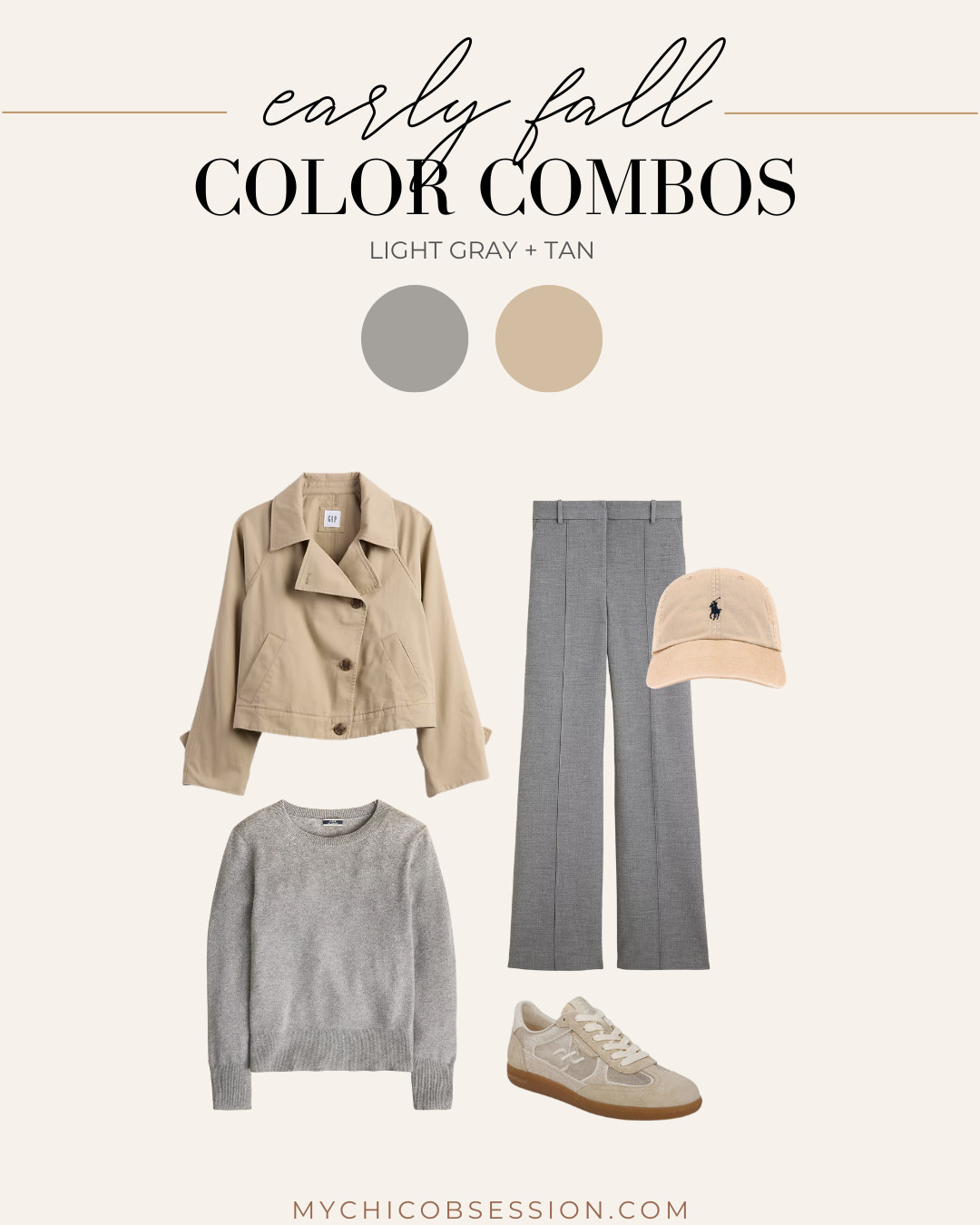 Ease into fall outfit ideas with a light gray and tan look for early autumn. Pair a cropped trench coat with a khaki hat, sneakers, a gray sweater and gray pleated pants. 

 #LTKSeasonal #LTKStyleTip #LTKShoeCrush