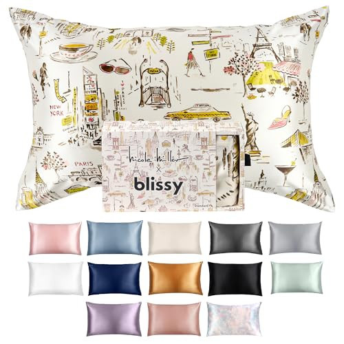 Blissy Silk Pillowcase - 100% Pure Mulberry Silk - 22 Momme 6A High-Grade Fibers - Silk Pillow Cover for Hair & Skin - Regular, Queen & King (Nicole Miller - NY to Paris, King) | Amazon (US)