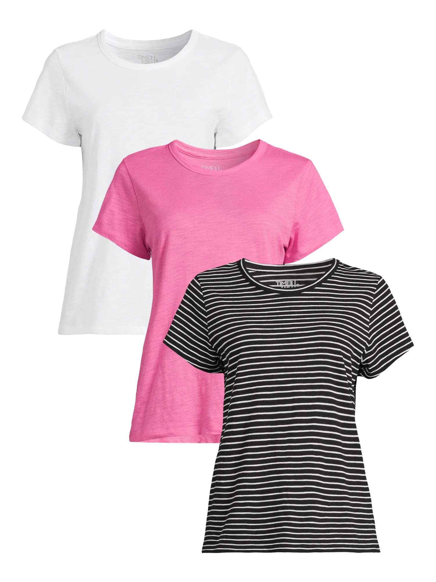 Time and Tru Women's Slub Crewneck Tees with Short Sleeves, 3-Pack, Sizes XS-XXXL - Walmart.com | Walmart (US)