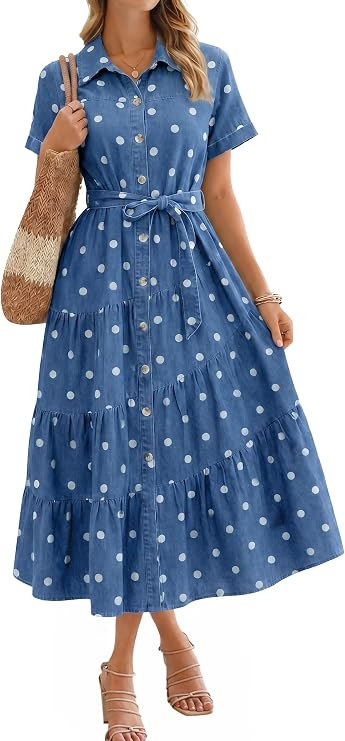 BerryGo Womens Summer Denim Shirt Dress Casual Belted Short Sleeve Button Down Flowy Midi Jeans D... | Amazon (US)