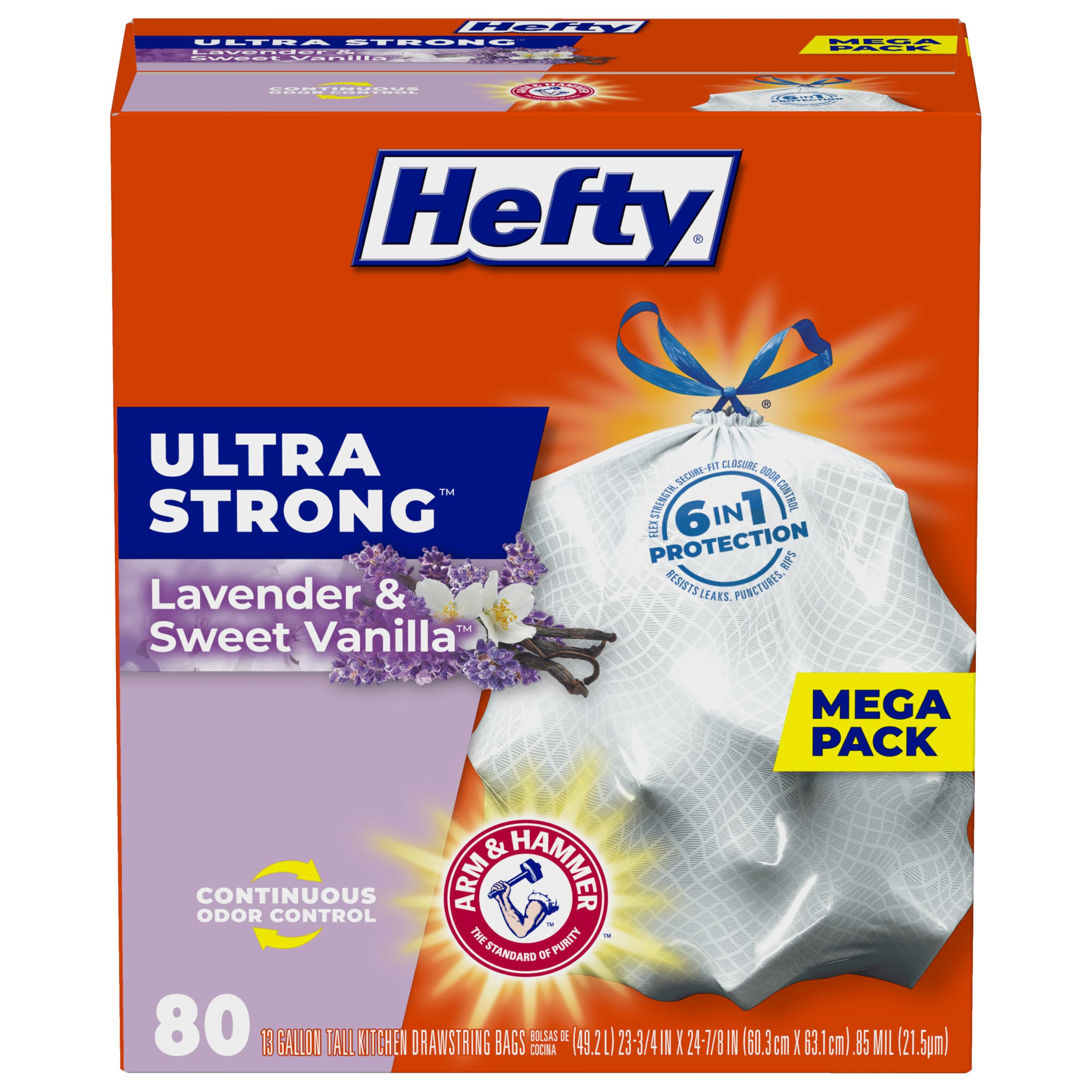 Hefty Ultra Strong Tall Kitchen Trash Bags, Lavender & Sweet Vanilla Scent, 13 Gallon, 80 Count | Amazon (US)