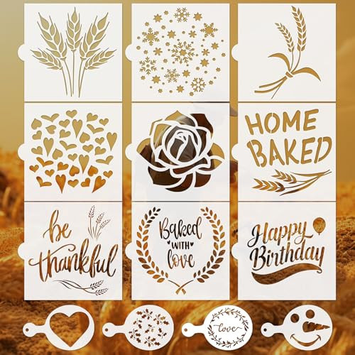 13 PCS Cookie Stencils,Reusable Artisan Bread Stencils for Sourdough 5x5 Inch, Happy Birthday Stencils for Painting on Wood, Coffee Stencils Templates Mold Tools DIY Craft Template Paint Stencils | Amazon (US)