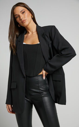 Michelle Blazer - Oversized Plunge Neck Button Up Blazer in Black | Showpo (ANZ)
