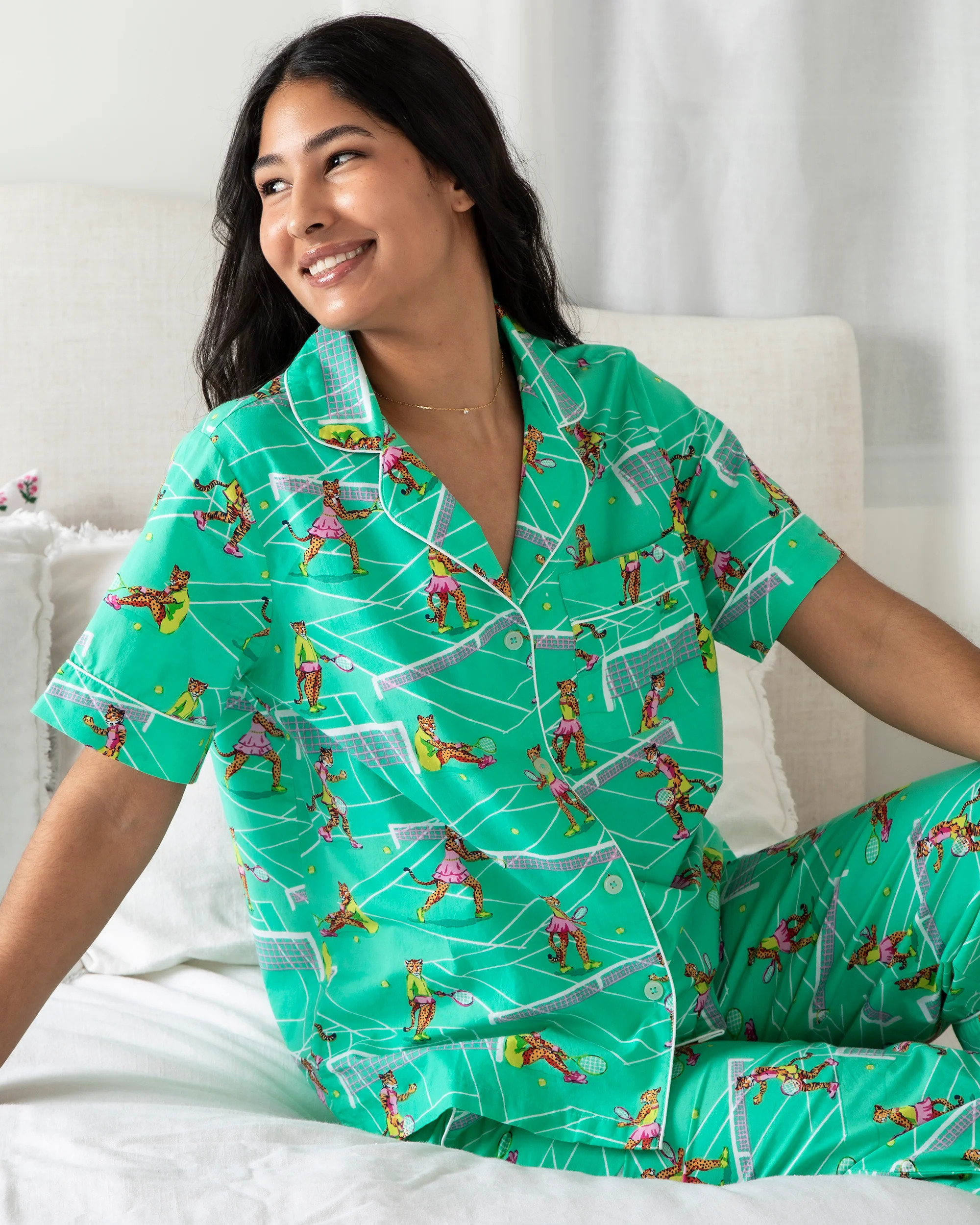 Courtside Cats  - Short Sleeve Top &amp; Cropped Pants Set - Tennis Teal | Printfresh