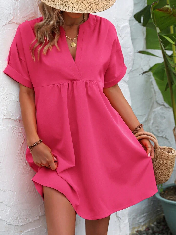 SHEIN VCAY Notched Neck Batwing Sleeve Smock Dress | SHEIN