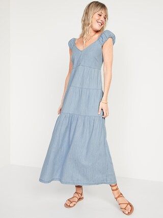 Chambray Tiered All-Day Fit & Flare Maxi Dress for Women | Old Navy (US)