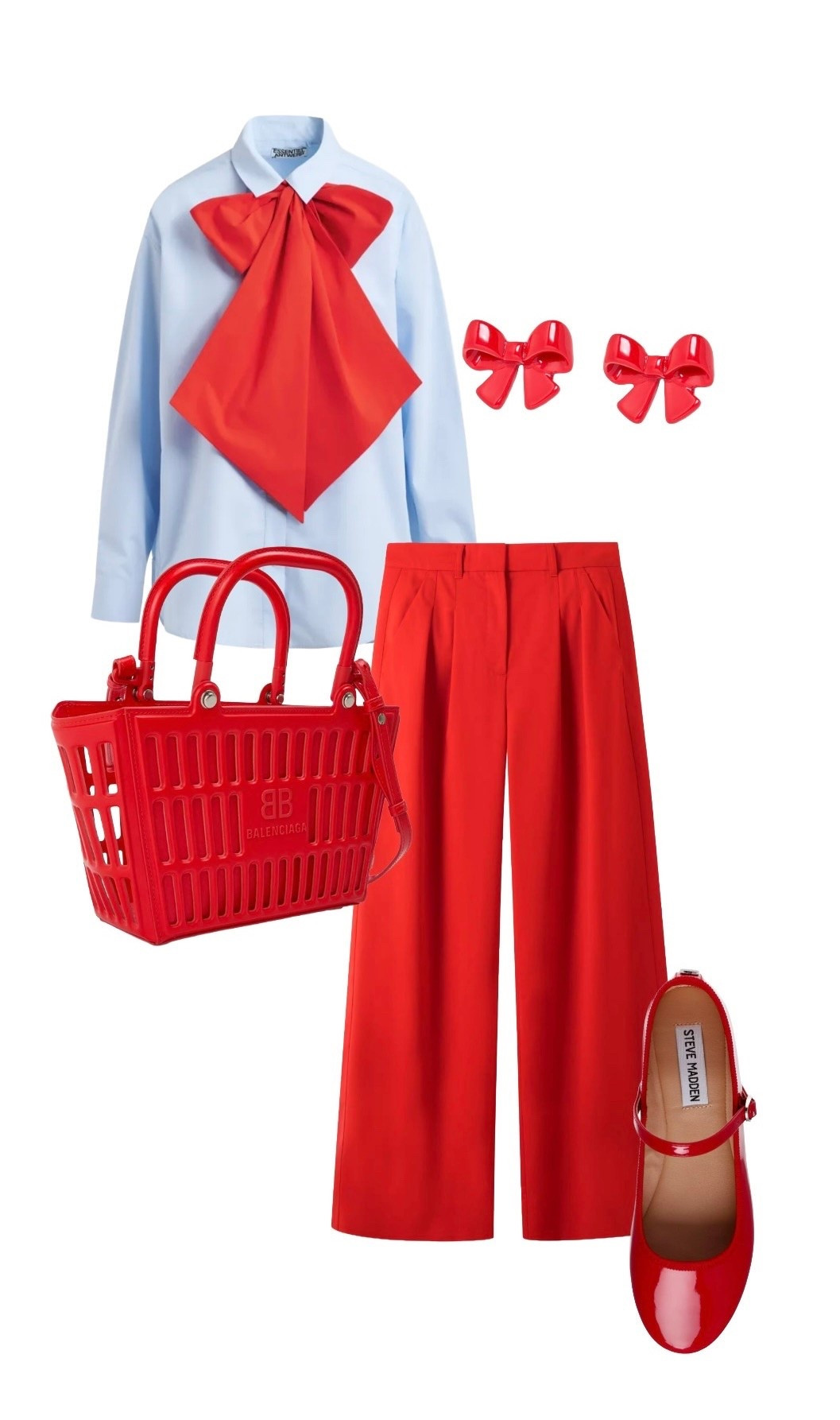 Date night dressing with a difference - this is for girls who wear precisely what they want with absolutely no - given! I like to think of it as the call or don’t call outfit 🩵 ☎️ 🩵

Blue Shirt with Red Bow - Essentiel Antwerp

Red Wool Wide Leg Trousers - ME + EM

Red Basket Bag - Balenciaga Paris on SALE at Frasers

Red Patent Mary Jane Flats - Steve Madden at Frasers

Red Shiny Bow Stud Earrings - Oliver Bonas 

#LTKdatenight #LTKluxury #LTKeurope