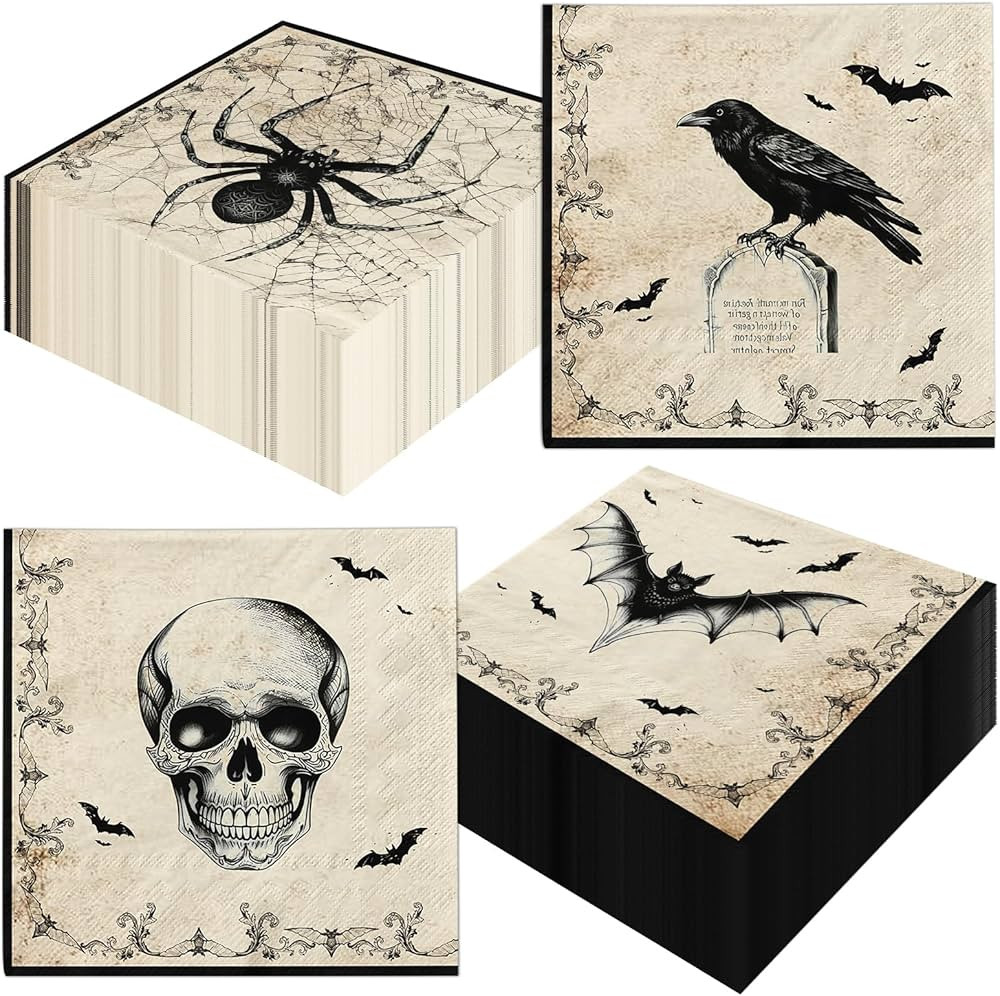 Vintage Halloween Decorations - 48Pcs Gothic Theme Bat Spider Crow Skull Paper Napkins for Retro ... | Amazon (US)