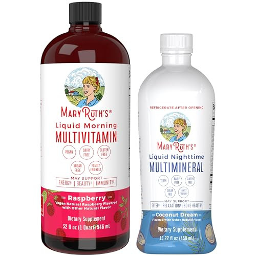 MaryRuth's Liquid Morning Multivitamin Raspberry (32oz) & Liquid Nighttime Multimineral Coconut (15.22oz) | Sugar-Free, No Melatonin | Vegan, Non-GMO | Supports Sleep, Beauty, and Overall Health | Amazon (US)