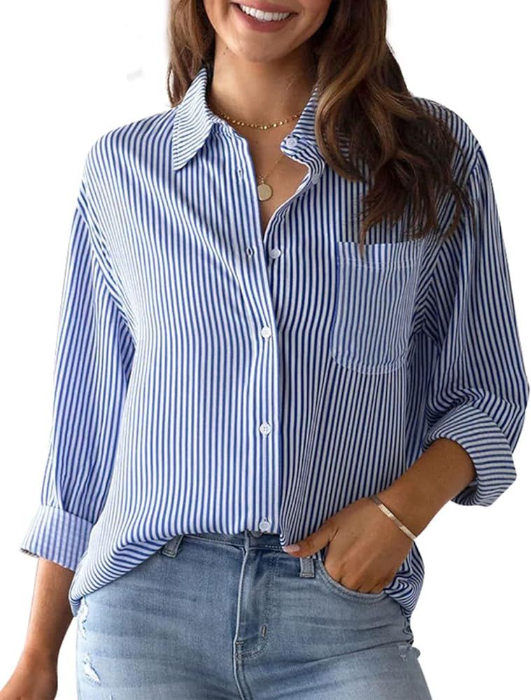hathne Women's Button Down Shirts Long Sleeve Classic Striped Blouses Casual Tops Office Work Blo... | Amazon (US)