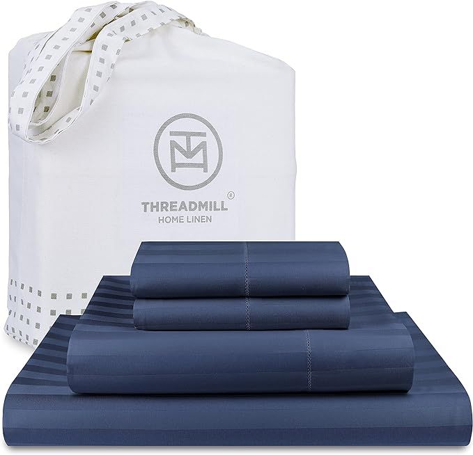 Threadmill 500 Thread Count Queen Size Damask Stripe, 4 Pc Luxury Cotton Sheet Set, Silky Smooth ... | Amazon (US)
