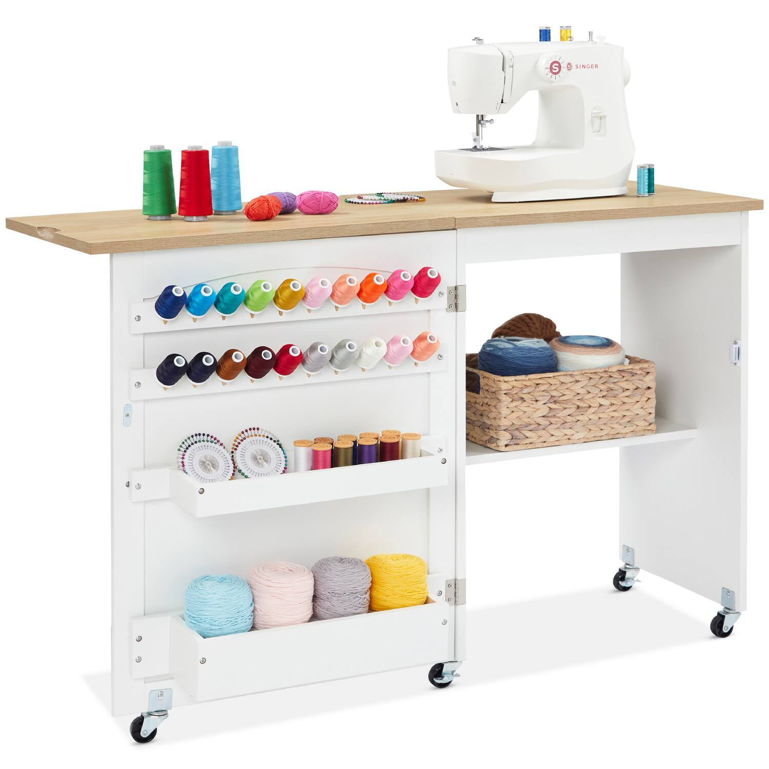 Best Choice Products - Sewing Machine Table & Desk w/ Craft Storage and Trays - Natural/White | Best Buy U.S.