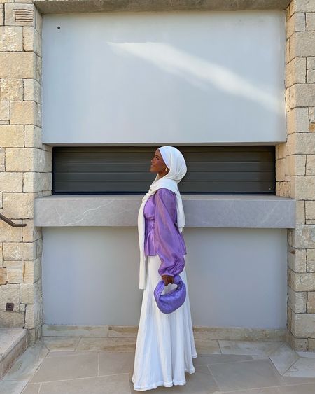 modest outfit inspo 💜✨ purple top and white maxi skirt, summer fashion.