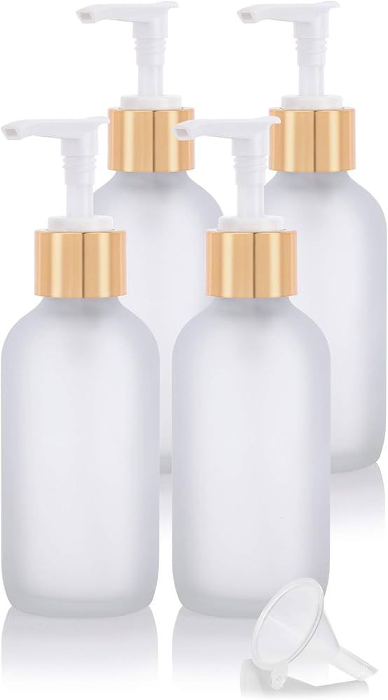 JUVITUS 4 oz Frosted Clear Boston Round Glass Bottle with Gold Lotion Pump (4 Pack) + Funnel | Amazon (US)