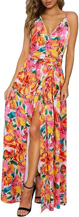 Newshows Women's 2024 Summer Maxi Dress Spaghetti Strap Spring Casual Boho V Neck Split Beach Lon... | Amazon (US)