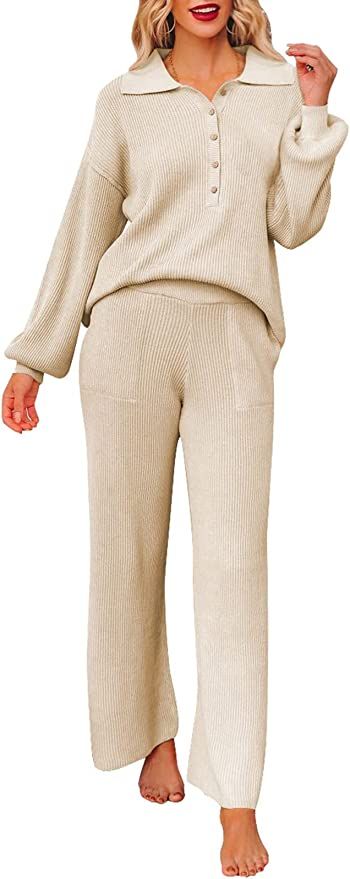 Meenew Women's 2 Piece Sweatsuit Collared Pullover Sweater Tops Wide Leg Pants Set Lounge Wear Ou... | Amazon (US)