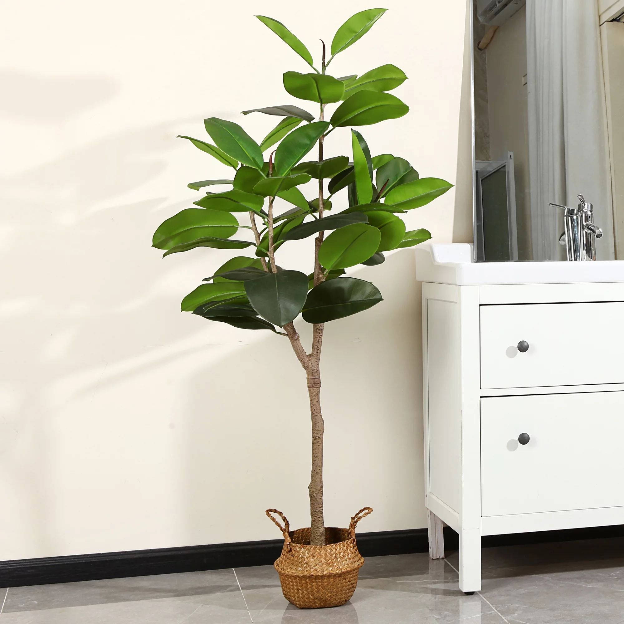 Artificial Rubber Tree, 5FT Fake Plastic Ficus Plant, Pre Potted Faux Greenry Plants for Home Dec... | Walmart (US)