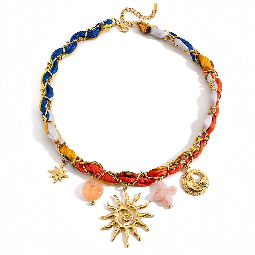 Boho Scarf Choker Necklace for Women Beach Gold Sun Shell Hat Coconut Tree Heart Shell Starfish F... | Amazon (US)