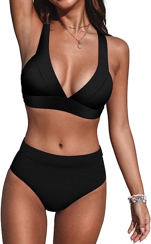 CUPSHE Women Bikini Set High Waist V Neck Wide Straps Back Hook Removable Soft Cups Vintage Push Up  | Amazon (UK)