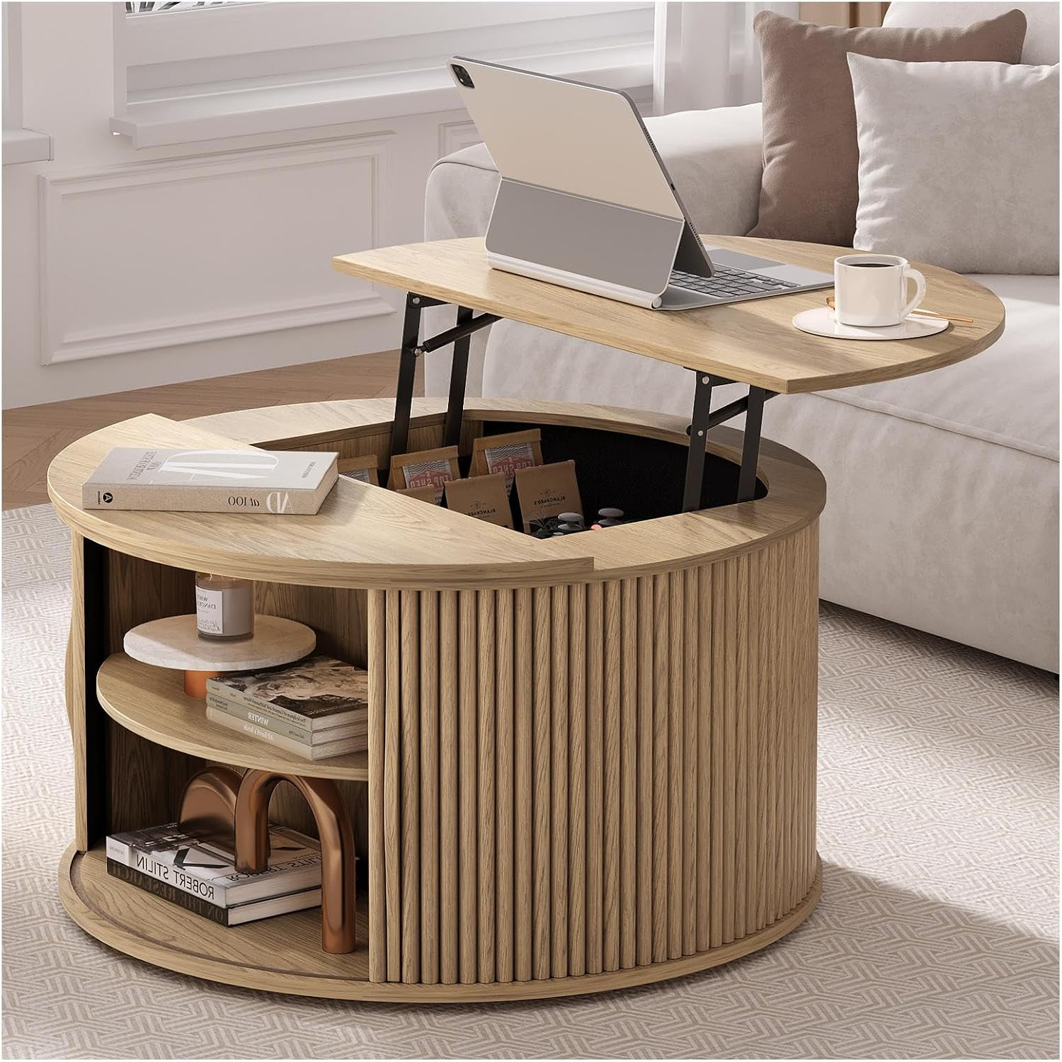 JOINICE Round Lift Top Coffee Table with Storage for Living Room,Oak | Amazon (US)