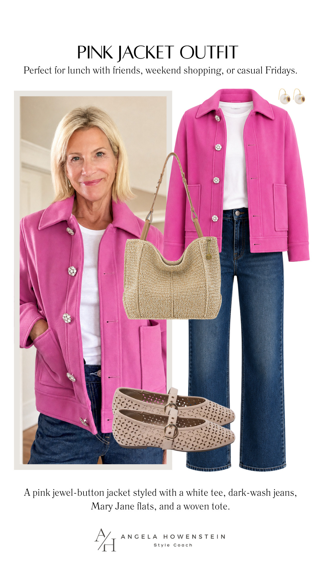 This pink jacket is such a fun way to brighten your fall wardrobe! The jeweled buttons add the perfect touch of polish, and it’s easy to style with a simple white tee, dark-wash jeans, ballet flats, and a woven tote. Wear it to lunch with friends, weekend shopping, casual Fridays, or even a fall brunch when you want to look put together with minimal effort.

👩‍💻 LTK PRO TIPS
❤️ Heart = Support my posts ;-)
🔖 Save = Get sale & restock alerts for the things you love!
📋 Lists = Keep favorites organized (List ideas: Christmas, Birthdays, and Vacations!)
📲 Share = Send lists and products to a friend (or your daughters like me).
💬 Comment = Ask me anything, and I’ll answer. ;-) 

 #LTKootd #LTKSeasonal #LTKOver40