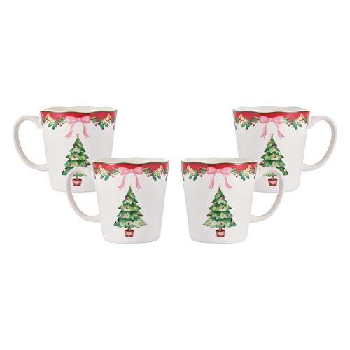 Bico Ribbon Christmas Scalloped Ceramic Mug Set of 4, Christmas Coffee Mugs, 15oz Holiday Cups for Tea, Cocoa, or Hot Drinks, Microwave & Dishwasher Safe | Amazon (US)