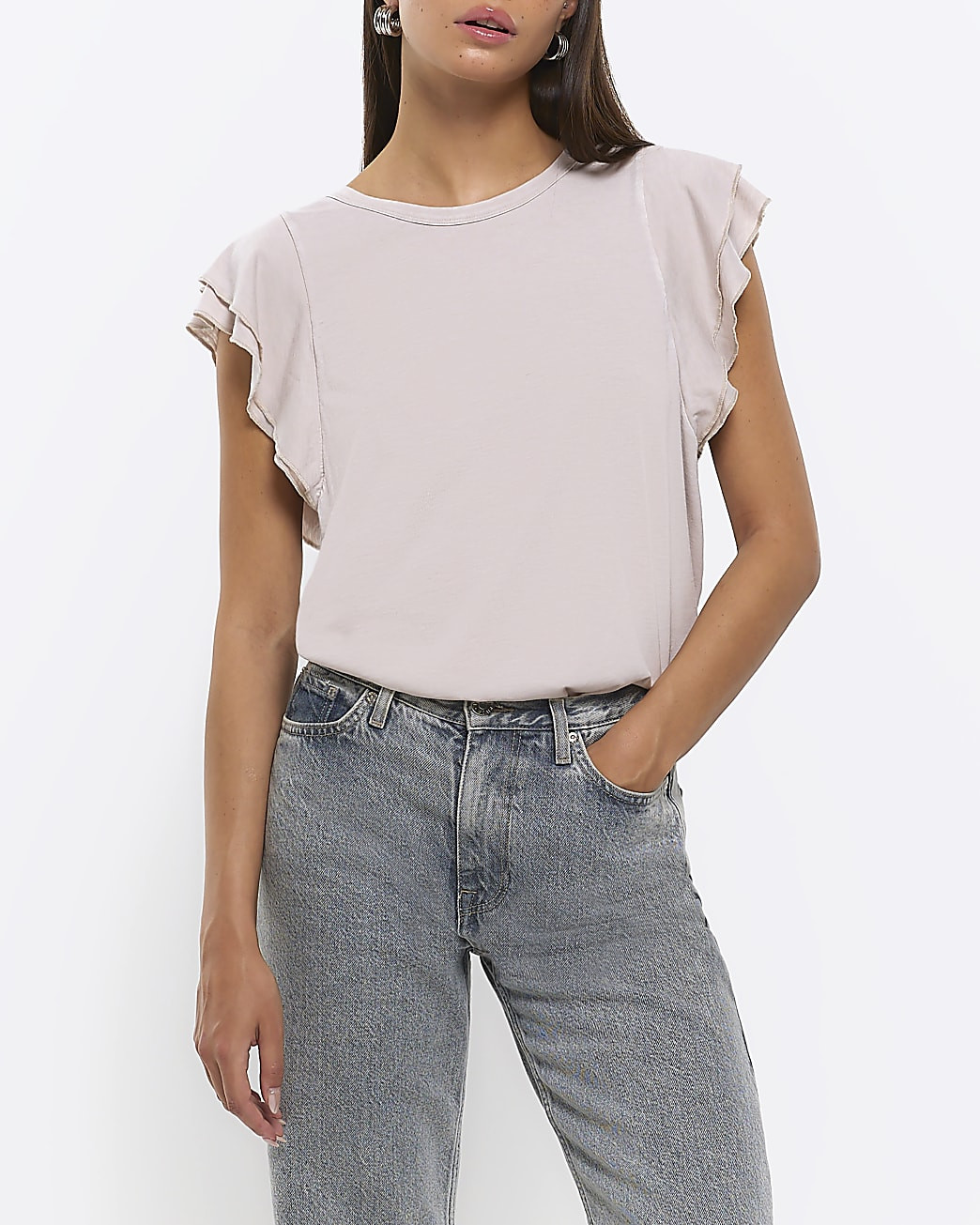 Grey frill sleeve t-shirt | River Island (UK & IE)