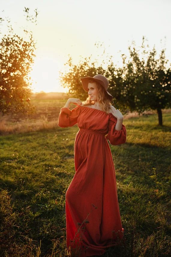 Terracotta Maternity dress for photoshoot, Boho Maternity gown baby shower, Photo shoot dress, Fl... | Etsy (US)