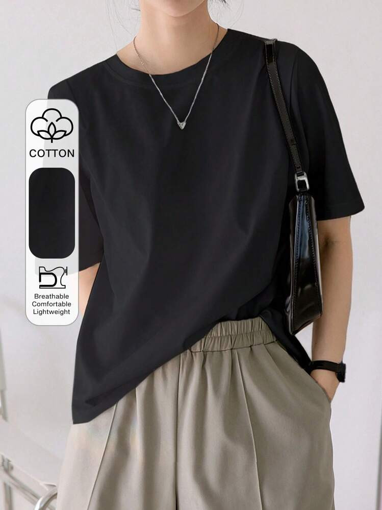 Dazy-Less Camiseta Casual De Mujer De Manga Corta, Cuello Redondo, De Unicolor, Estilo De Negocios Casuales "Old Money" | SHEIN