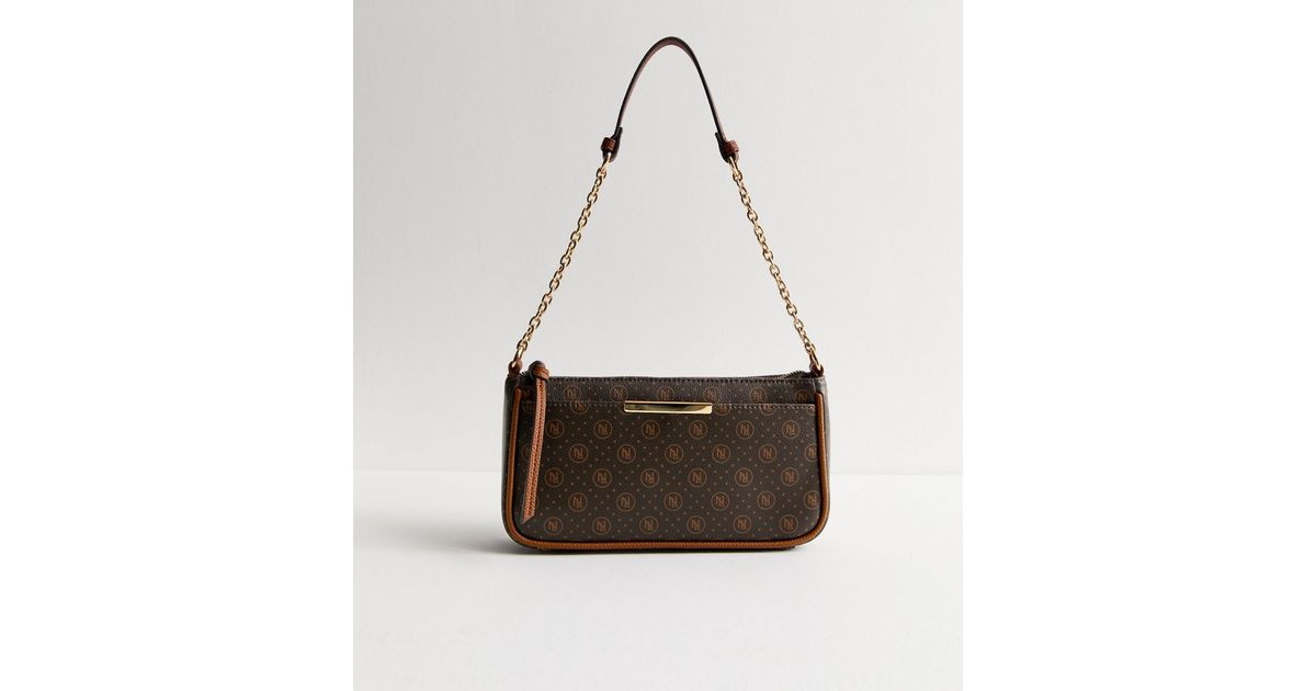 Dark Brown Monogram Chain Strap Shoulder Bag | New Look | New Look (UK)