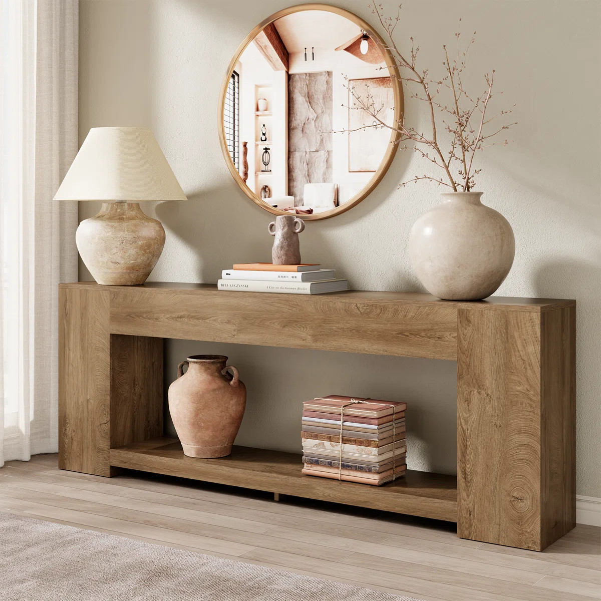 86-Inch Extra Long Sofa Console Table, 2-Tier Entryway Tables With Storage, Natural Oak Brown | Wayfair North America