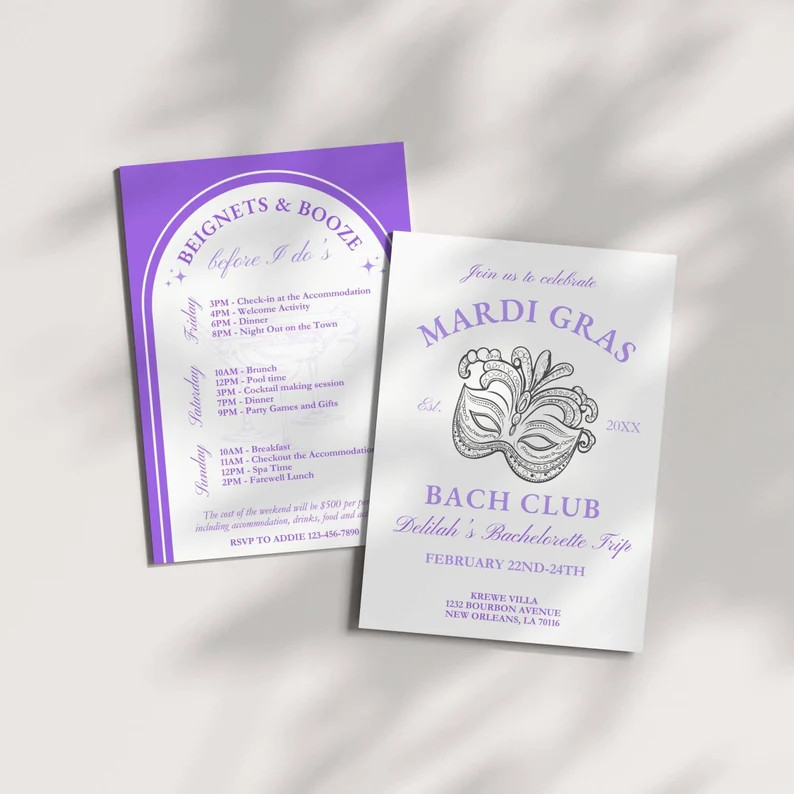 New Orleans Bachelorette Invitation Itinerary, NOLA Carnival Theme, Mardi Gras Hen Party, Louisia... | Etsy (US)