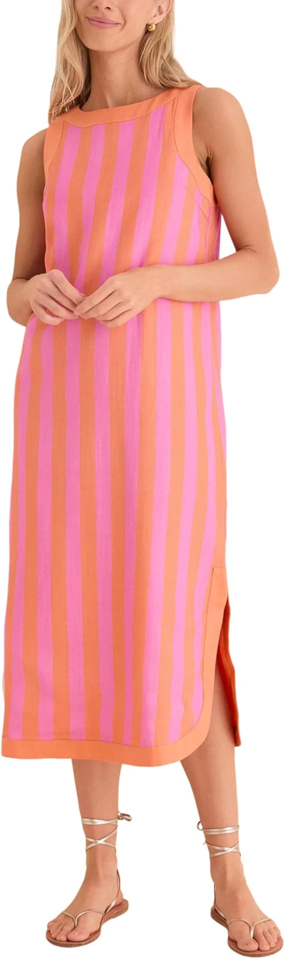 Yidarer Women's Striped Sleeveless Midi Dress Crewneck Side Slit Casual Summer Beach Vacation Shi... | Amazon (US)