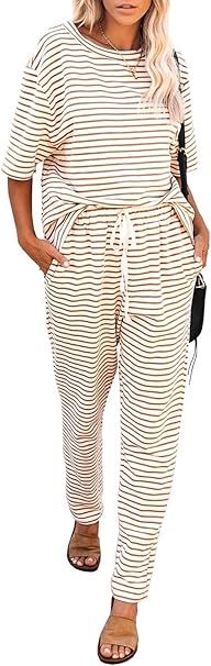 MITILLY Women's Striped 2 Piece Outfits Crewneck Pullover Tops and Long Pants Sweatsuit Loungewea... | Amazon (US)