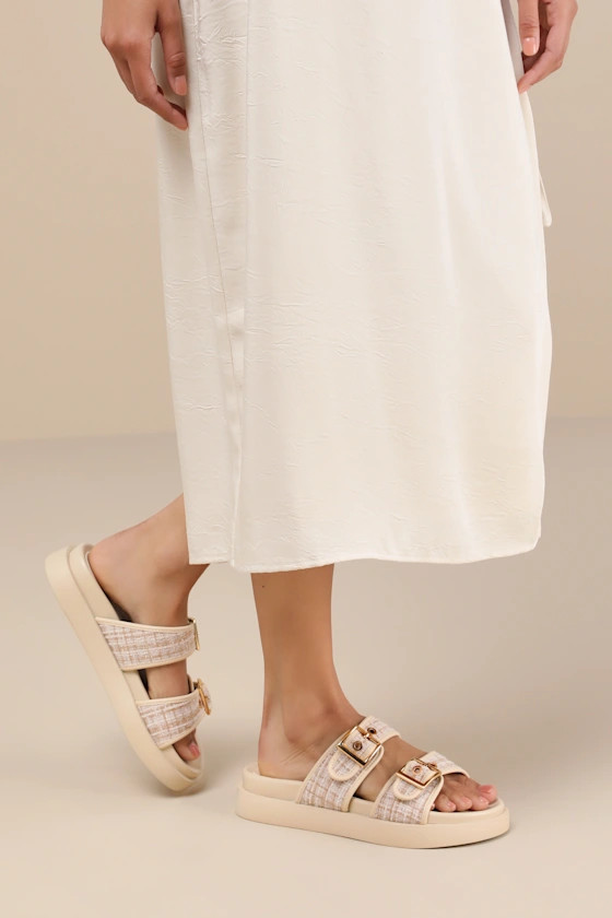 Katrinna Natural Fabric Tweed Flatform Slide Sandals | Lulus