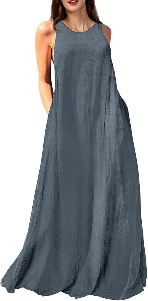Women's Sleeveless Linen Maxi Dress Casual Long Dresses with Pockets | Amazon (US)