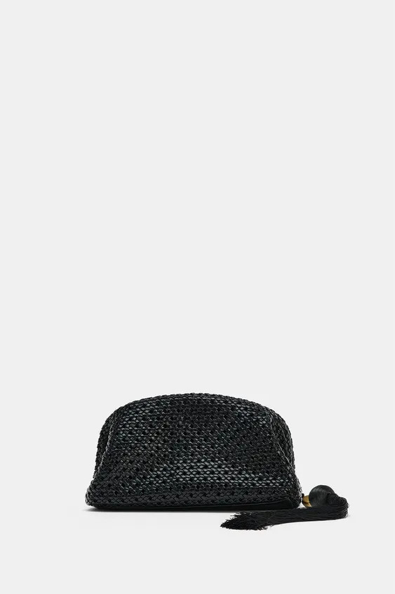 Woven pouch-style handbag with a patent finish. Tassel with metallic detail. Interior zip pocket.... | Zara US