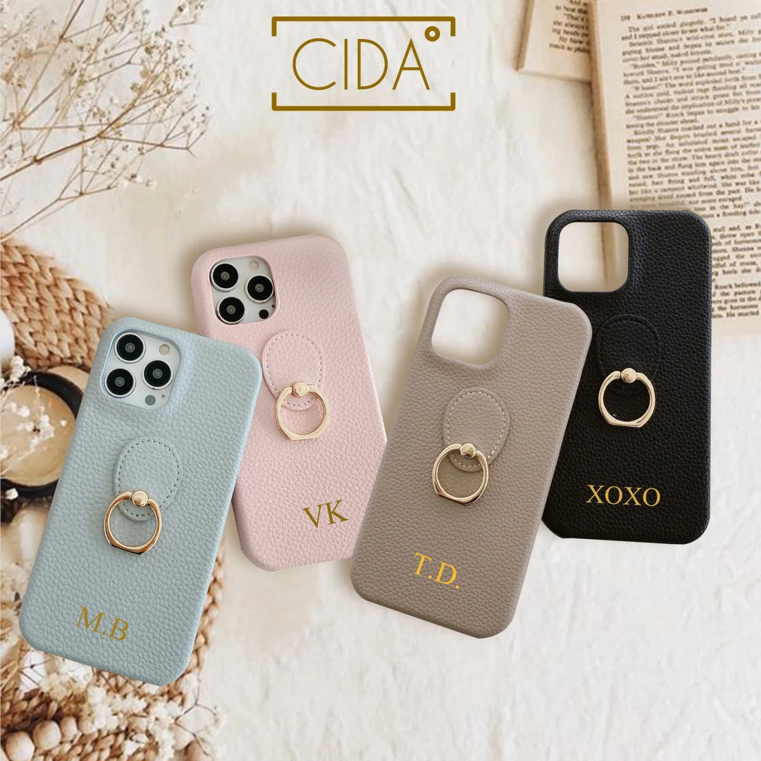 Personalised iPhone 14 Pro PU Leather Phone Case With Phone Ring Holder Finger Grip Customised Na... | Etsy (US)