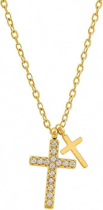 Double Cross Necklace Stainless Steel CZ Diamond Accent | Amazon (US)