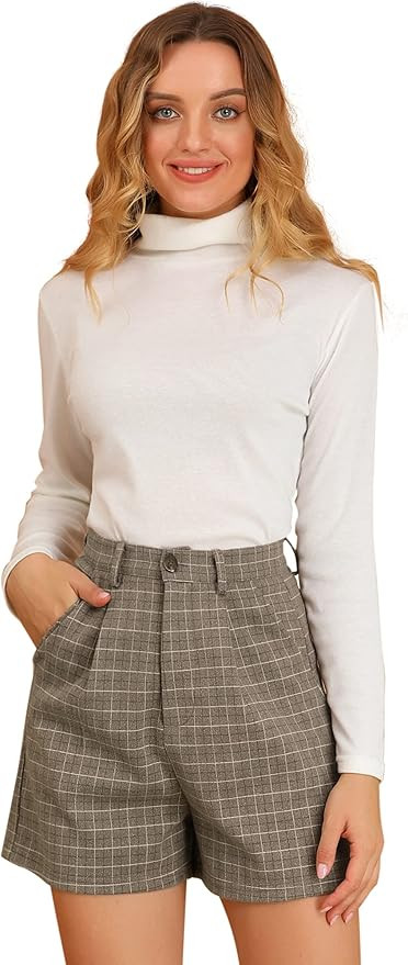 Allegra K Women's High Waisted Stretchy Buttoned Wide Leg Plaid Shorts with Pocket | Amazon (US)