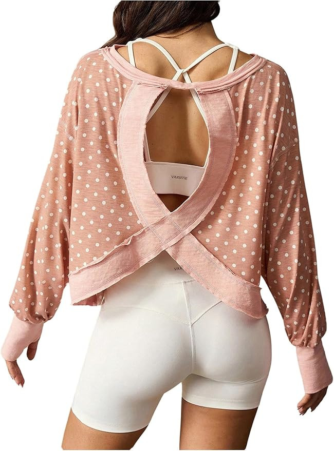 WDIRARA Women's Polka Dots Open Back Long Sleeve Workout Tops Athletic Shirts Yoga Gym Tee | Amazon (US)