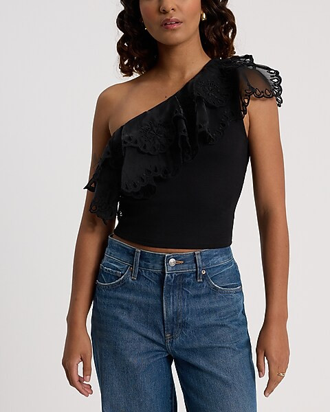 Ribbed Eyelet Ruffle One Shoulder Cropped Tank | Express