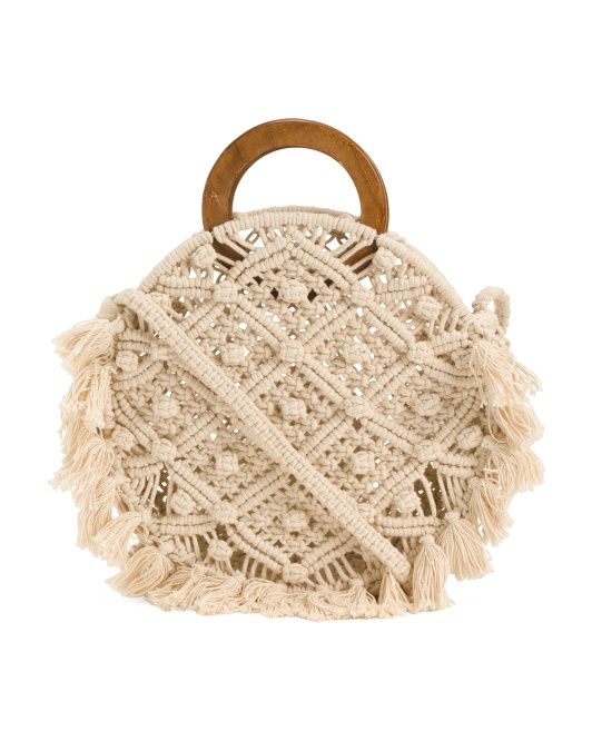 Macrame Circle Bag With Wooden Handles | TJ Maxx