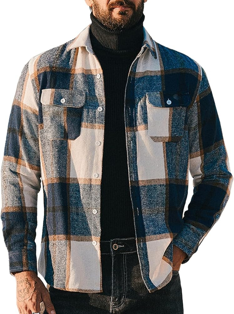 COOFANDY Mens Flannel Shirts Long Sleeve Plaid Shirt Jacket Button Down Shirt with Pockets | Amazon (US)