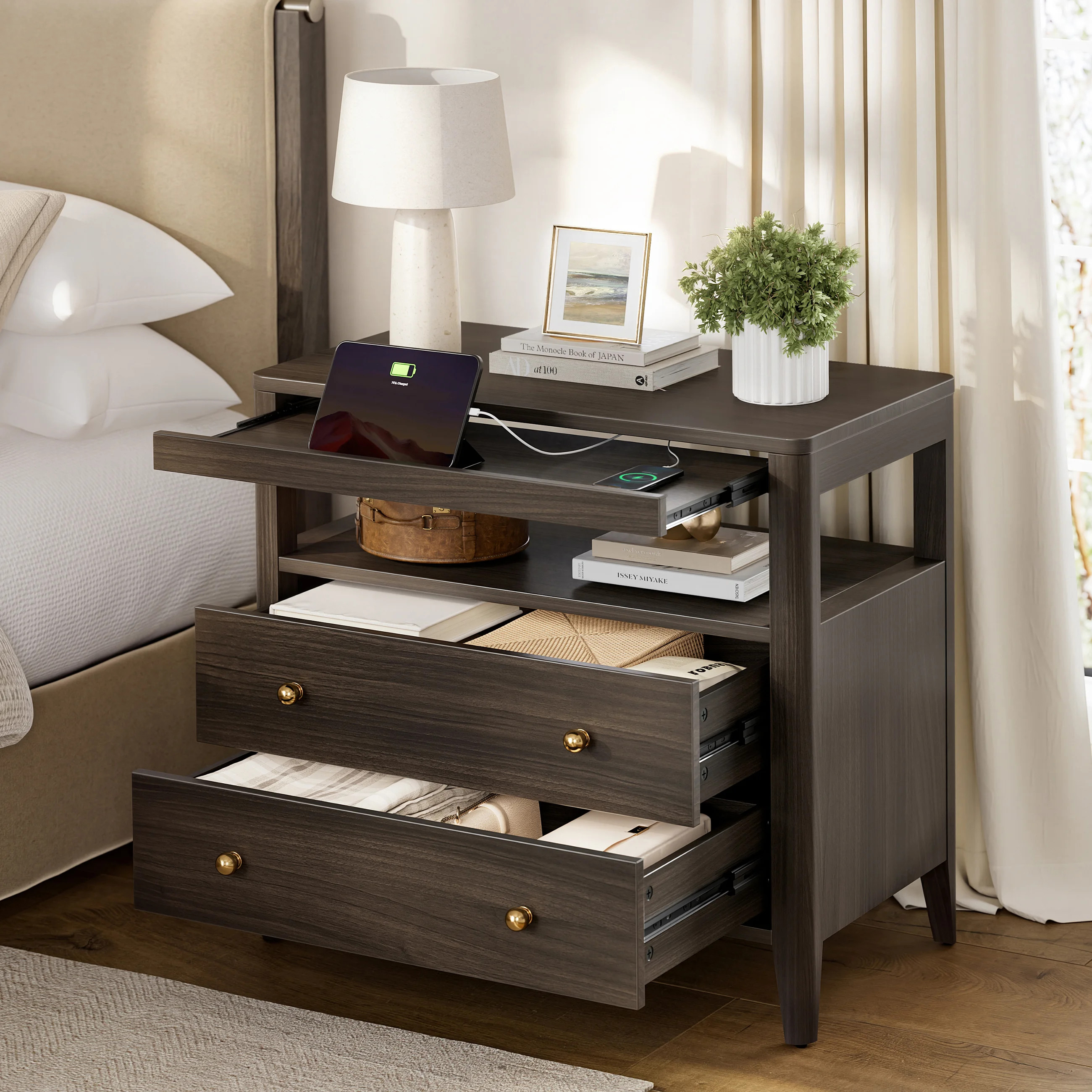 27.5”Nightstand with 2 Drawers & Open Shelf, American Style Nightstand with Pull-out Tray & Built-in Outlet, Suitable for Bedroom or Living Room | Wayfair North America