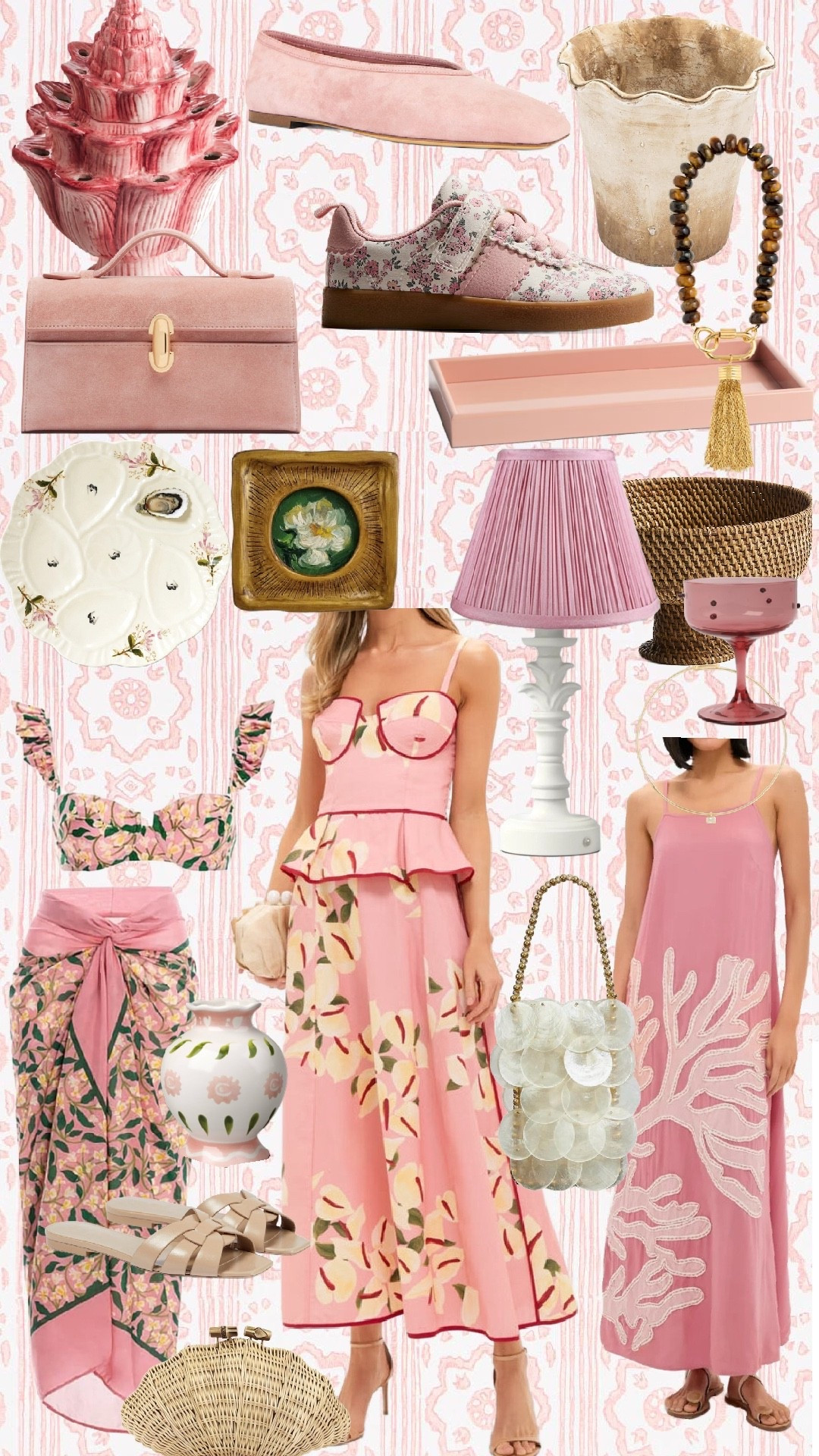 Pretty in pink, but make it grandmillennial 🌸✨
This edit is all about soft blush tones, floral details, and charming vintage-inspired accents—perfect for spring entertaining, coastal dinners, or adding a romantic touch to your everyday style and home. From feminine pink dresses to wicker accessories, pleated lampshades, and oyster-inspired decor, every piece layers beautifully together for that collected, classic look I love.

Shop the edit:
• Pink floral corset midi dress
• Pink coral-embroidered slip dress
• Floral bandeau bikini top
• Floral sarong / wrap skirt
• Nude woven slide sandals
• Natural wicker clutch
• Pearl shell beaded handbag
• Pink pleated lampshade
• White sculptural table lamp base
• Wicker basket pedestal
• Pink coupe cocktail glass
• Vintage-style oyster serving platter
• Floral ceramic trinket dish
• Pink floral ceramic vase

Tap to shop all my favorite pink finds and save this for spring outfit and home decor inspiration 💕

#LTKspring #LTKhome #LTKstyle #LTKfinds #GrandmillennialStyle #PinkDecor #SpringDecor #SpringOutfits #CoastalGrandmillennial #FeminineStyle #RomanticDecor #VintageInspired #FloralStyle #ChinoiserieStyle #PinkAesthetic #SpringEntertaining #ClassicStyle #SouthernStyle #LTKcreator Tuckernuck Amazon target madewell Wayfair quince 